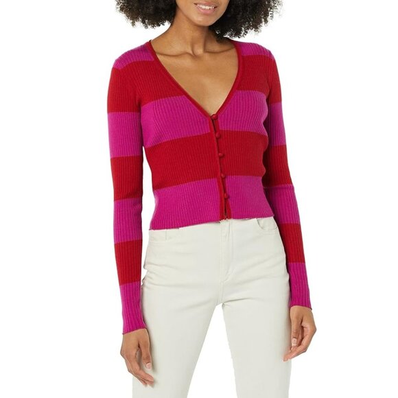 Rebecca Taylor Women's Rib Merino Striped Cropped Cardigan Sweater Size Medium - Picture 1 of 10